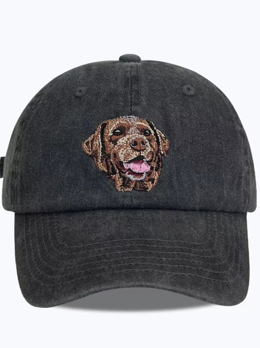 Black cotton dog washed baseball cap with embroidered dog face design