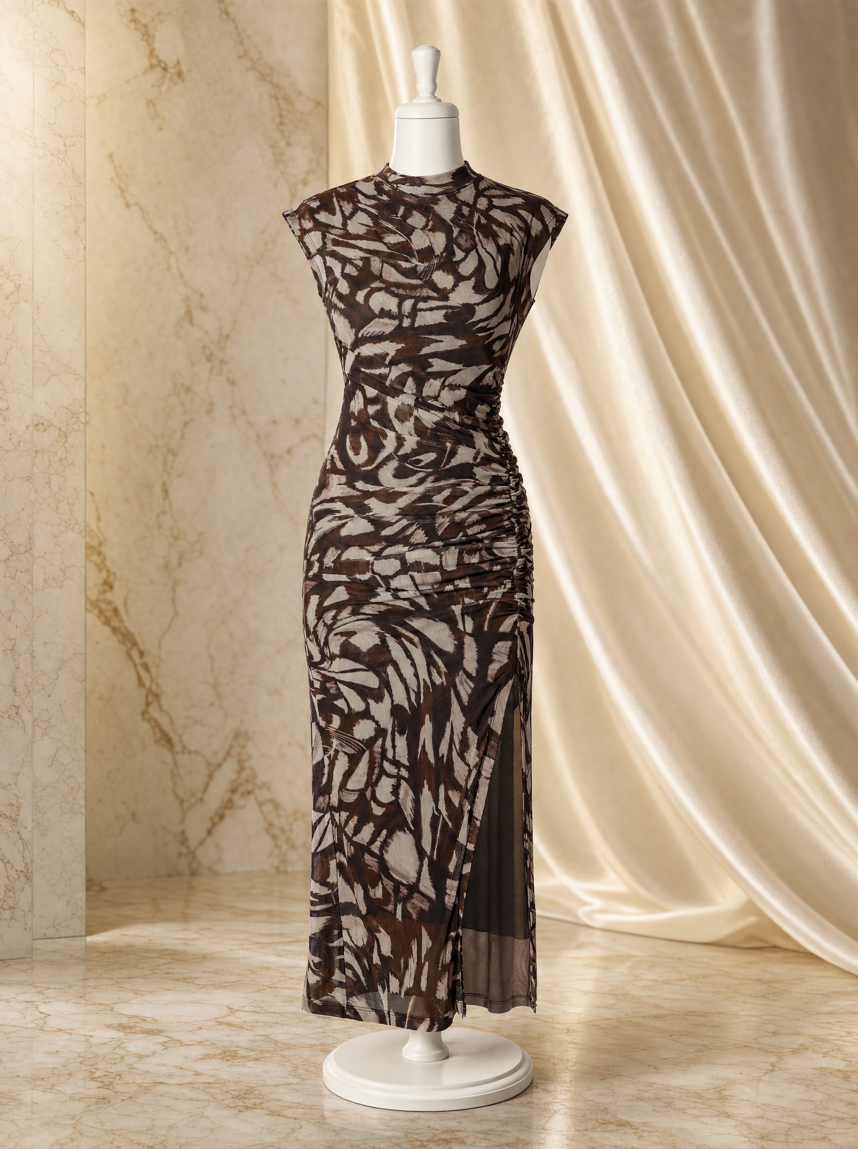 lux-ai-summer-20260519 | 9 | product-only | Abstract Print Ruched Midi Dress with Slit