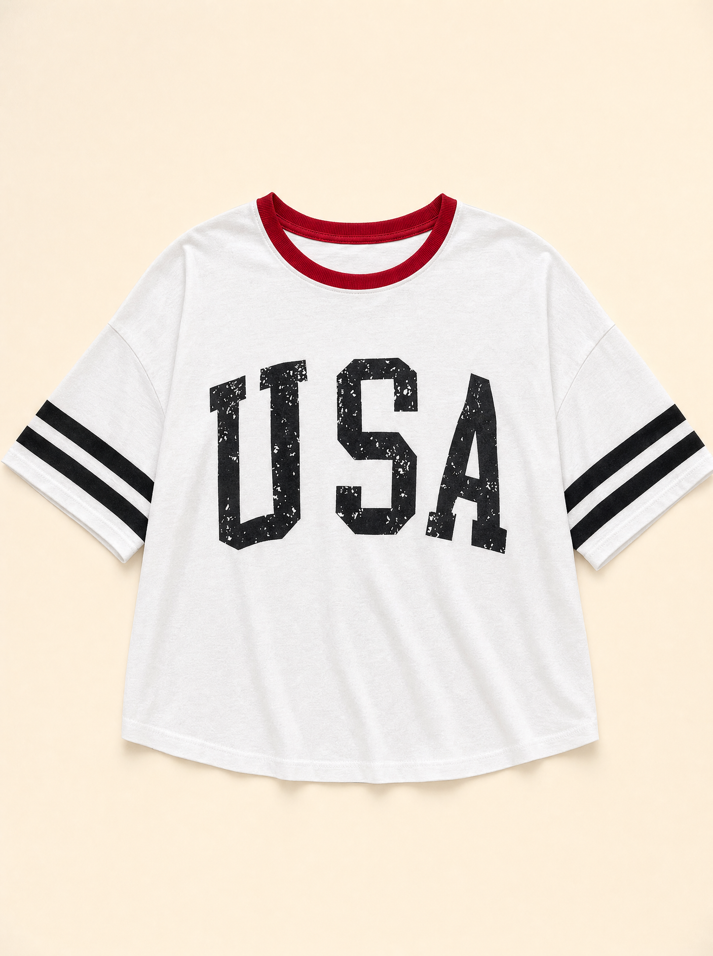 lux-ai-daily-20260522 product-only | USA Letter Printed Varsity Striped Sleeve Round Neck Tee