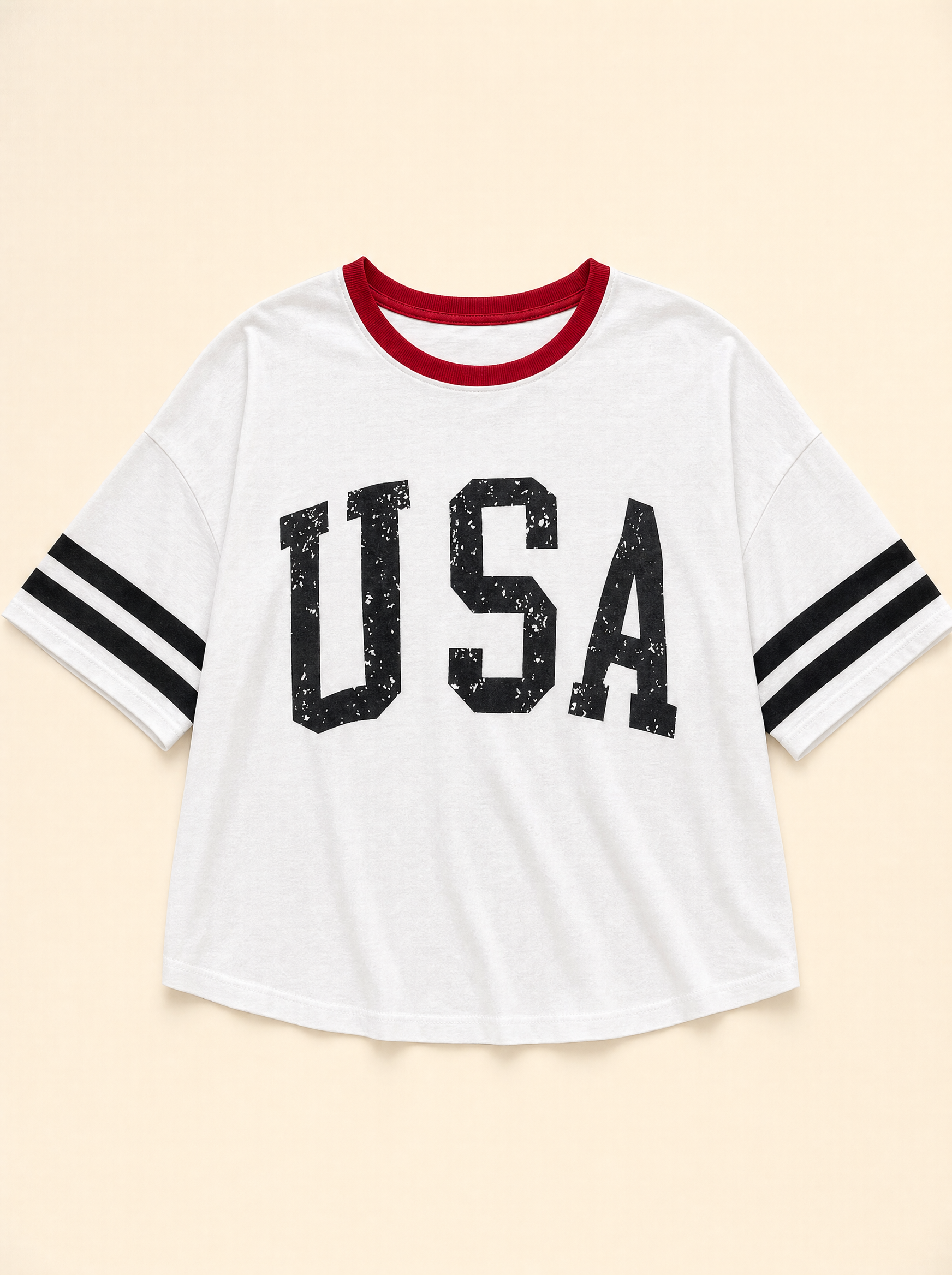 lux-ai-daily-20260522 product-only | USA Letter Printed Varsity Striped Sleeve Round Neck Tee
