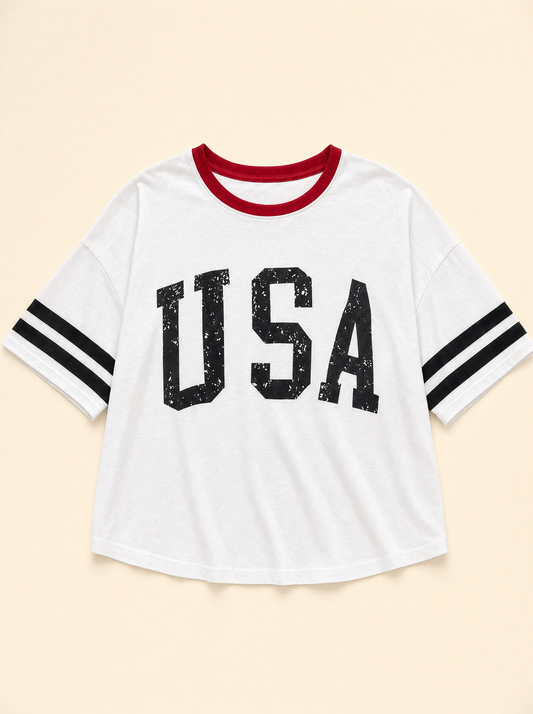 lux-ai-daily-20260522 product-only | USA Letter Printed Varsity Striped Sleeve Round Neck Tee