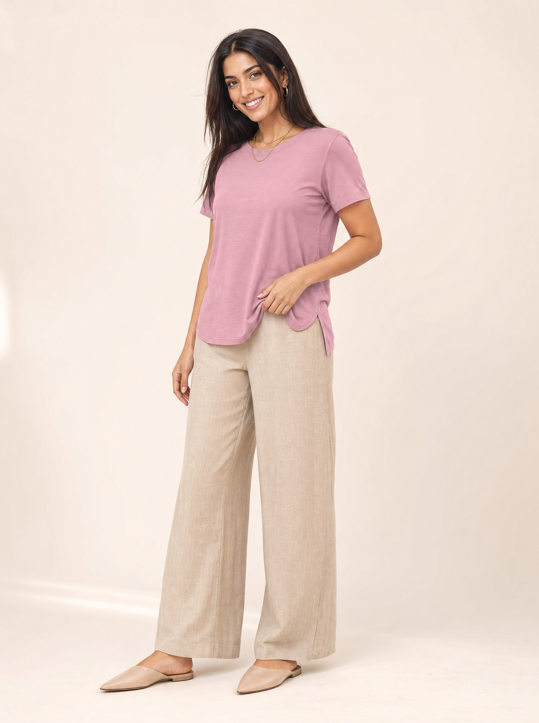 lux-ai-daily-20260524-02 | model-wearing | basic-bae-full-size-round-neck-short-sleeve-t-shirt-1 | Essential Round Neck T-Shirt - Comfortable & Versatile