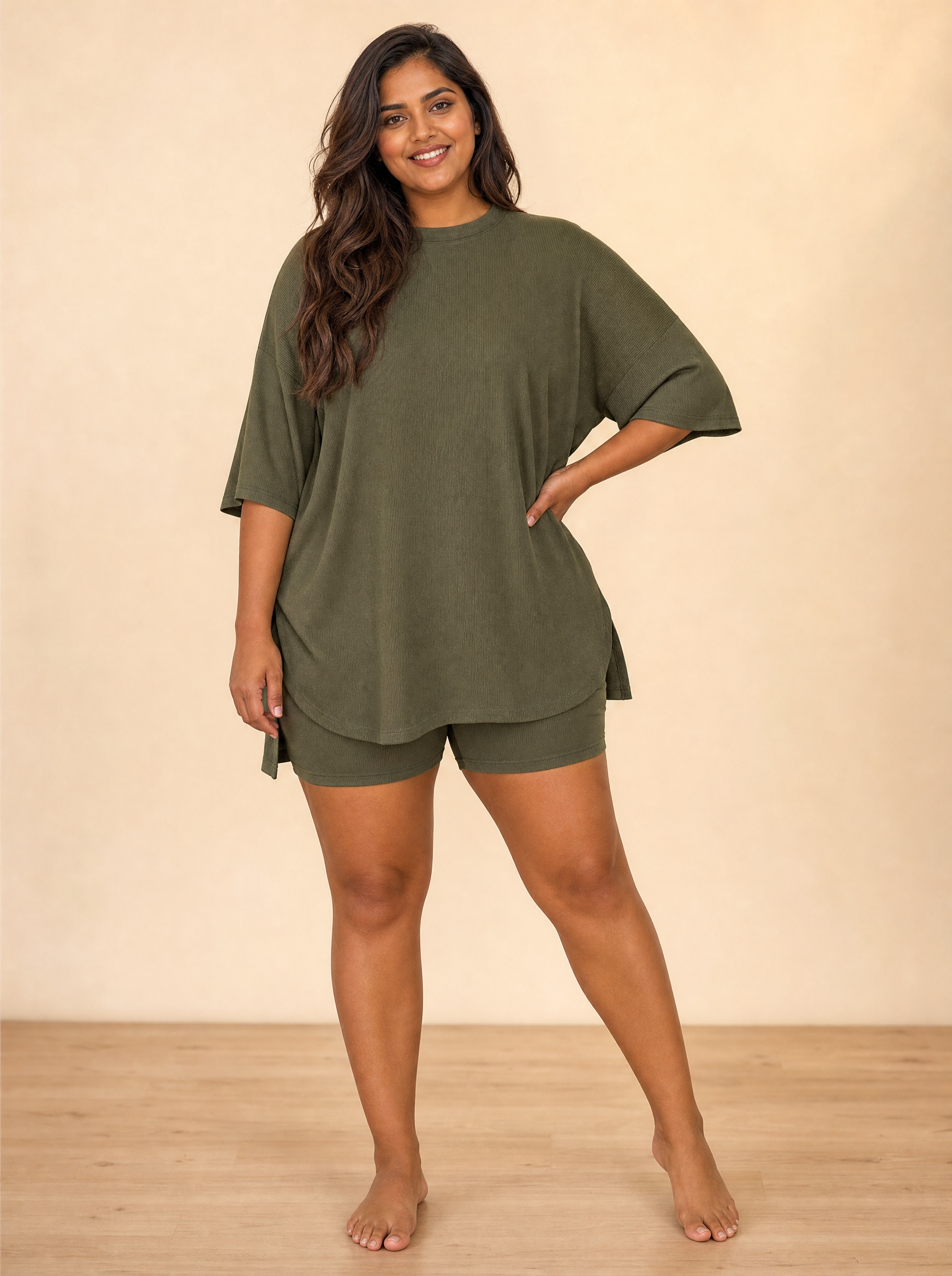 lux-ai-daily-20260601-02 | model-wearing | full-size-half-sleeve-t-shirt-and-shorts-set-plus-size | Full Size Half Sleeve T-Shirt and Shorts Set Plus Size